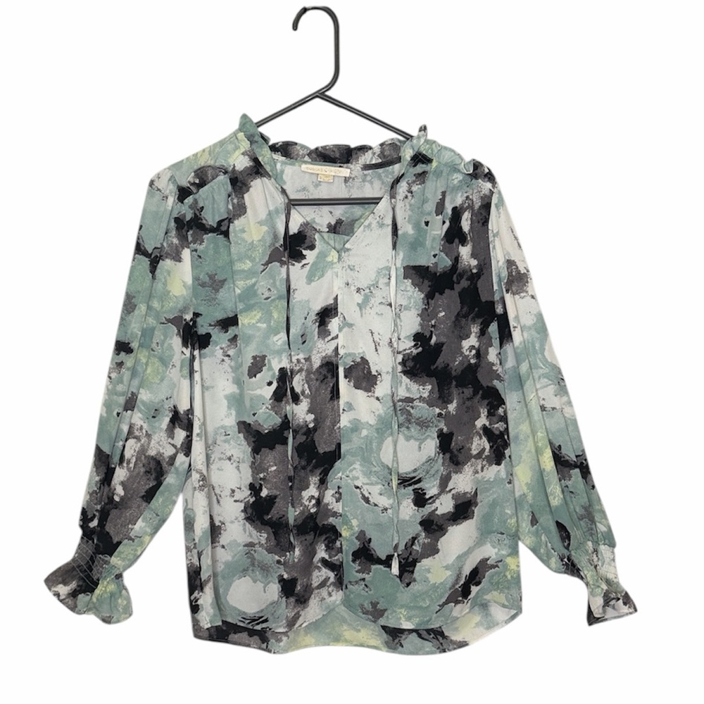 Cooper & Ella ruffled smocked cuff Long Sleeve blouse multi-color print Small